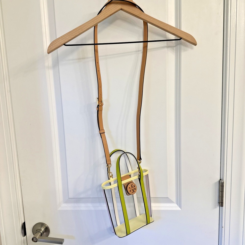 Tory Burch Blake Clear Logo Mini Shopper Crossbody Tote Bag Green Trim Concert - Picture 3 of 16
